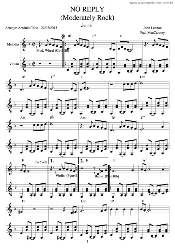 Partitura da música No Reply v.3