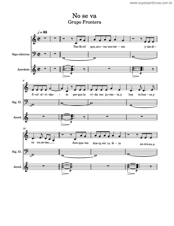 Partitura da música No Se Va – Grupo Frontera