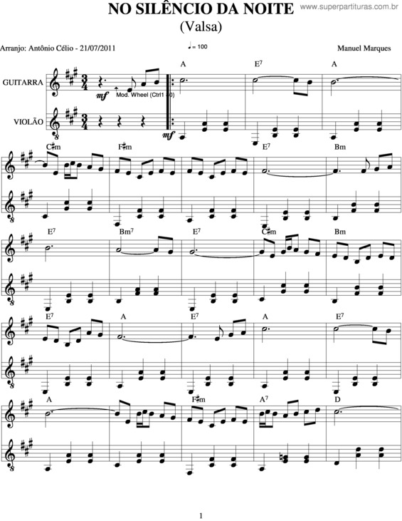 Partitura da música No Silêncio Da Noite