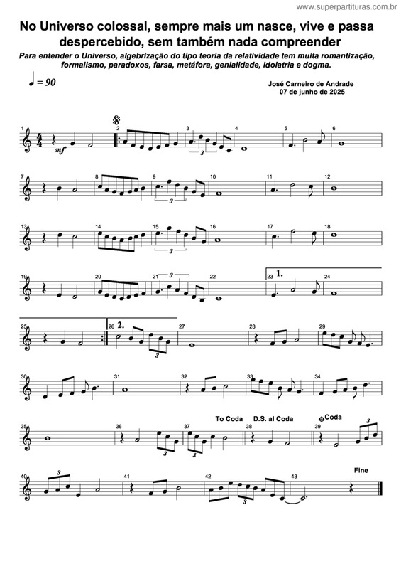 Partitura da música No Universo Colossal, Sempre Mais Um Nasce, Vive E Passa Despercebido, Sem Também Nada Compreender