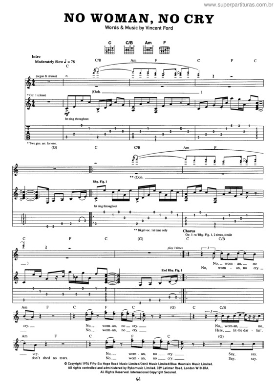 Partitura da música No Woman, No Cry