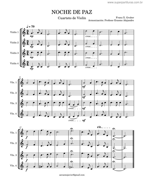 Partitura da música Noche De Paz – Cuarteto Violín