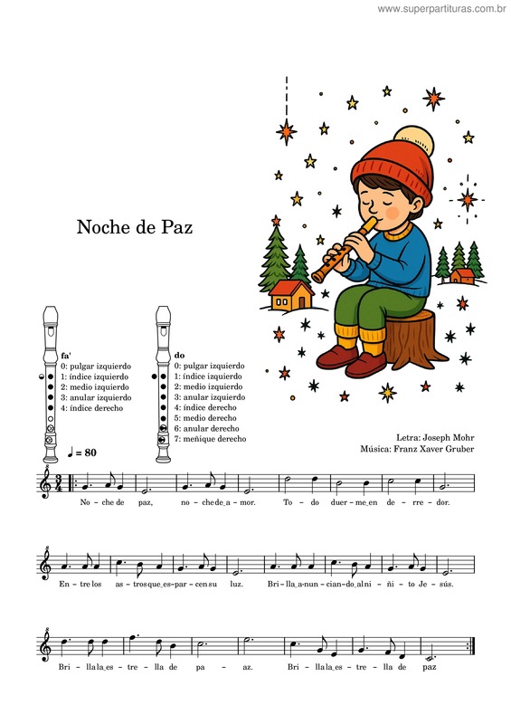 Partitura da música Noche De Paz – Método Para Flauta Dulce – Pedro Peña