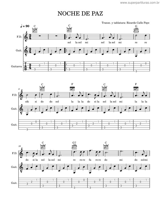 Partitura da música Noche De Paz Para Principiantes En Guitarra