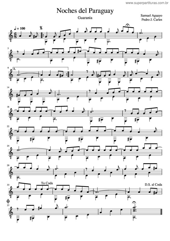 Partitura da música Noches Del Paraguay Samuel Aguayo Pedro J. Carles