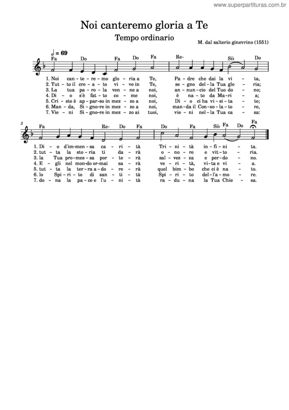 Partitura da música Noi Canteremo Gloria A Te  – Salterio Ginevrino