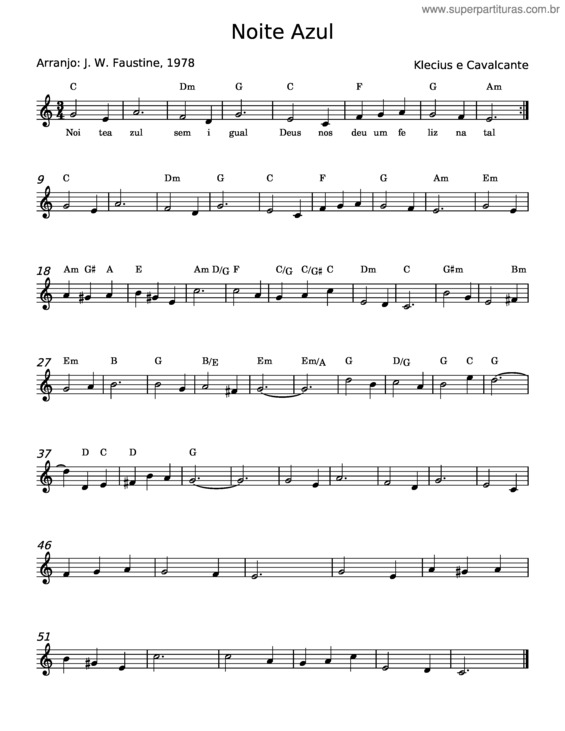 Partitura da música Noite Azul – Klecius E Cavalcante