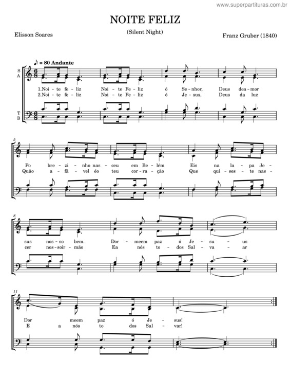 Partitura da música Noite Feliz – Franz Xaver Gruber v.6