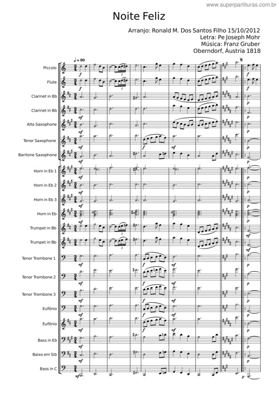 Partitura da música Noite Feliz – Pe Joseph Mohr;Franz Gruber