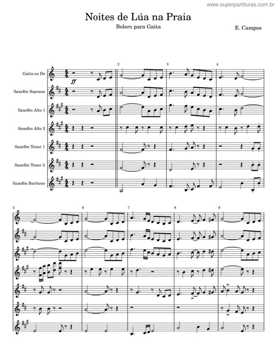 Partitura da música Noites De Lúa Na Praia, Bolero Para Gaita – E. Campos