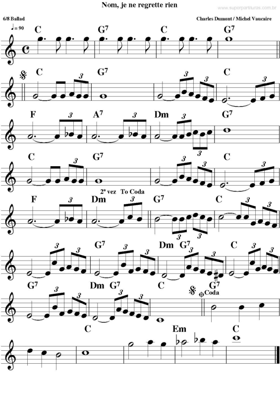 Partitura da música Nom, Je Ne Regrette Rien