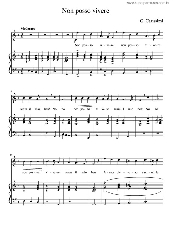 Partitura da música Non Posso Vivere – G. Carissimi