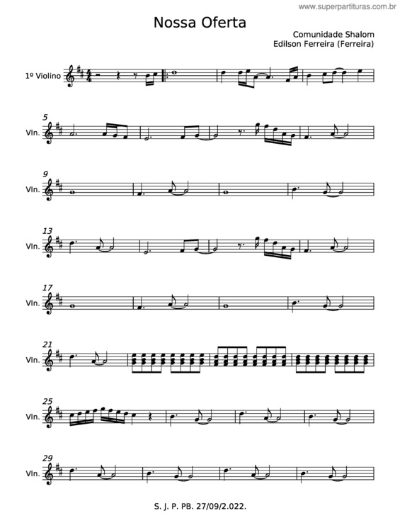 Partitura da música Nossa Oferta – Comunidade Católica Shalom