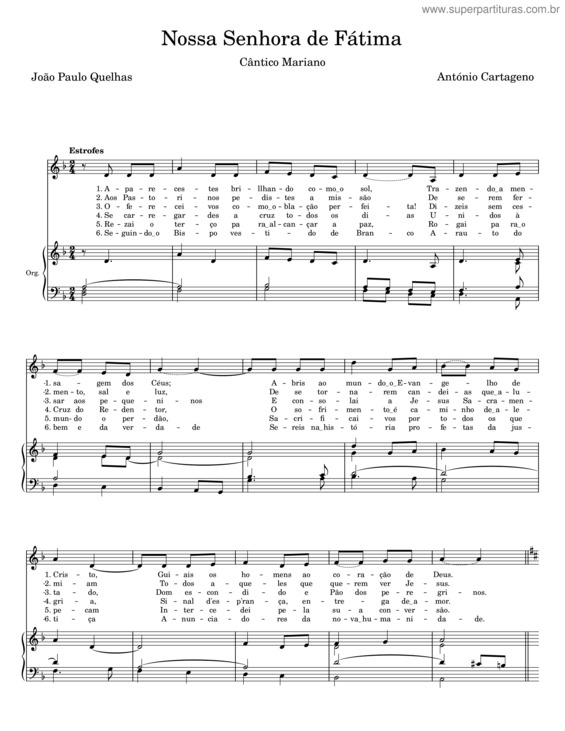 Partitura da música Nossa Senhora De Fátima – António Cartagena