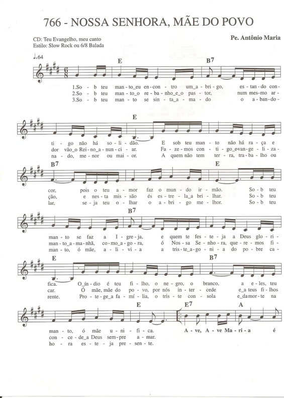 Partitura da música Nossa Senhora Mãe do Povo