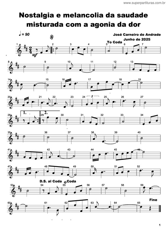 Partitura da música Nostalgia E Melancolia Da Saudade Misturada Com A Agonia Da Dor