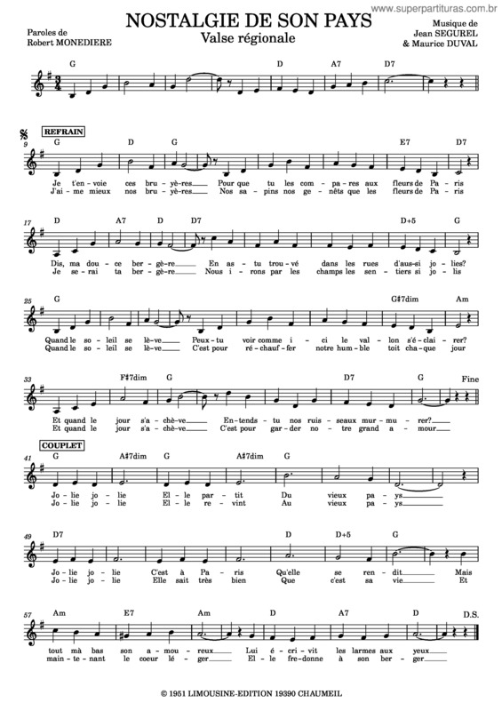 Partitura da música Nostalgie De Son Pays – Jean Ségurel