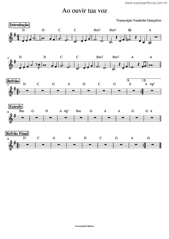 Partitura da música Novo Amanhecer – Comunidade Católica Shalom Ao Ouvir Tua Voz
