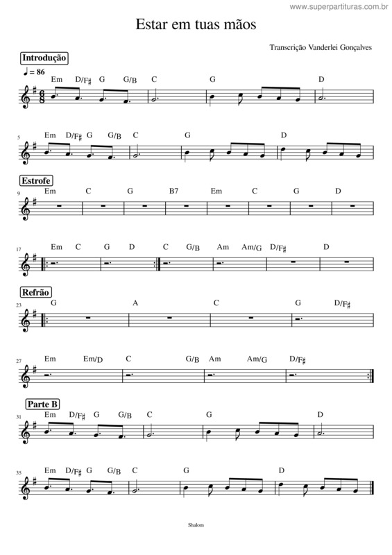 Partitura da música Novo Amanhecer – Comunidade Católica Shalom Shalom Estar Em Tuas Mãos G