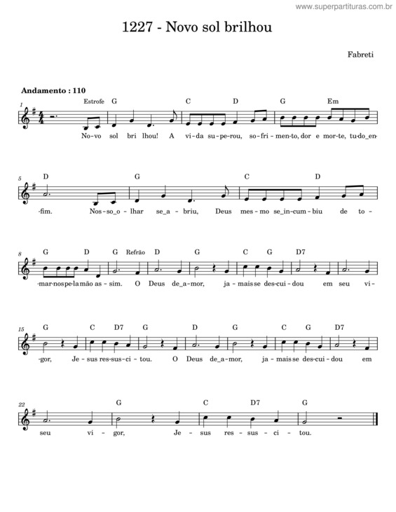 Partitura da música Novo Sol Brilhou – Fabreti
