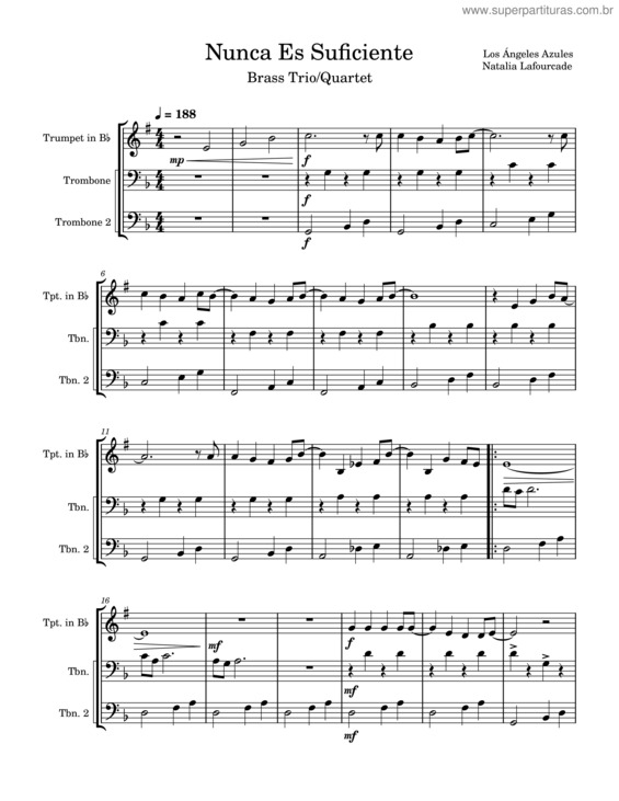Partitura da música Nunca Es Suficiente – Natalia Lafourcade Y Los Ángeles Azules – Brass Trio/Quartet