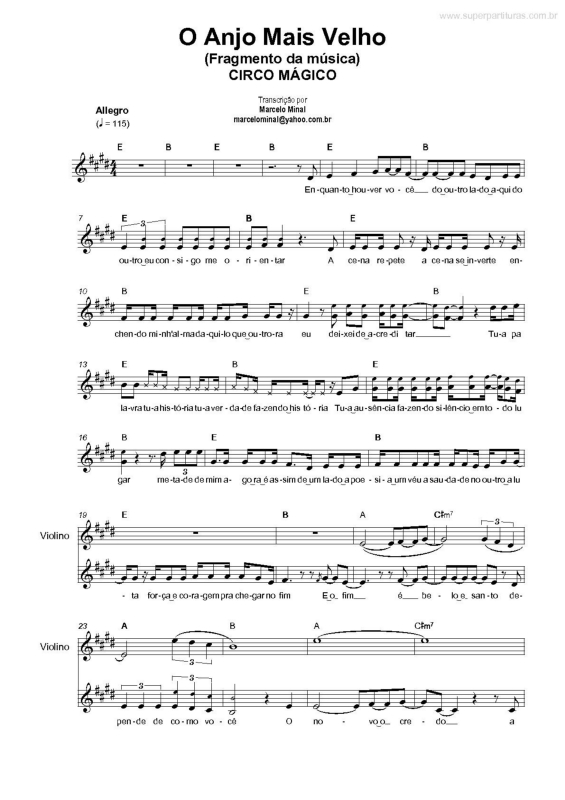 Partitura da música O Anjo Mais Velho