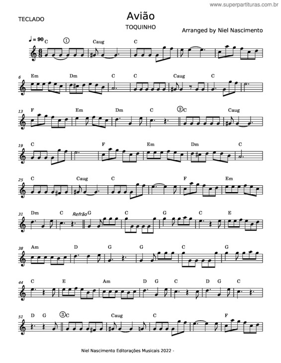 Partitura da música O Avião – Toquinho