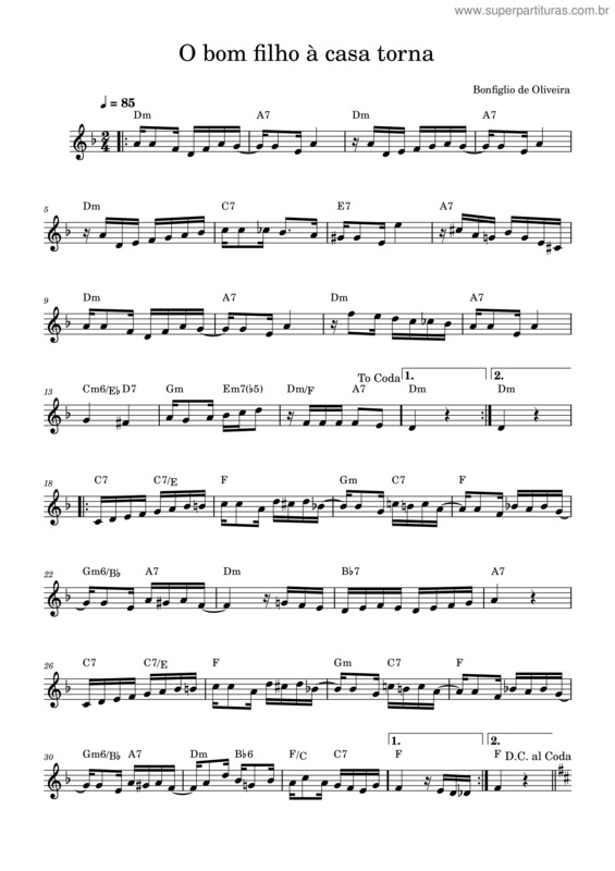 Partitura da música O Bom Filho À Casa Torna – Bonfiglio De Oliveira .