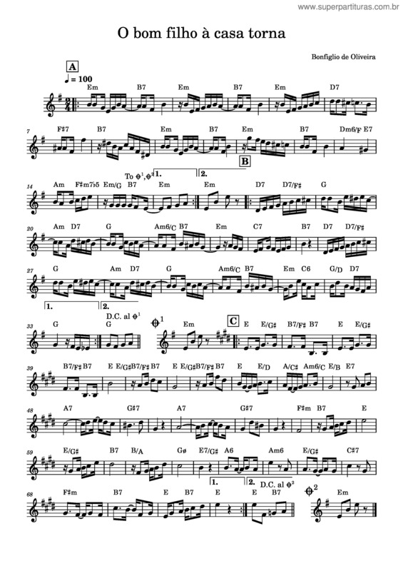 Partitura da música O Bom Filho À Casa Torna – Bonfiglio De Oliveira O Bom Filho À Casa Torna