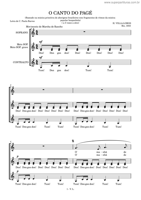 Partitura da música O Canto Do Pagé – Heitor Villa–Lobos