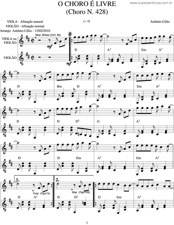 Partitura da música O Choro É Livre Choron