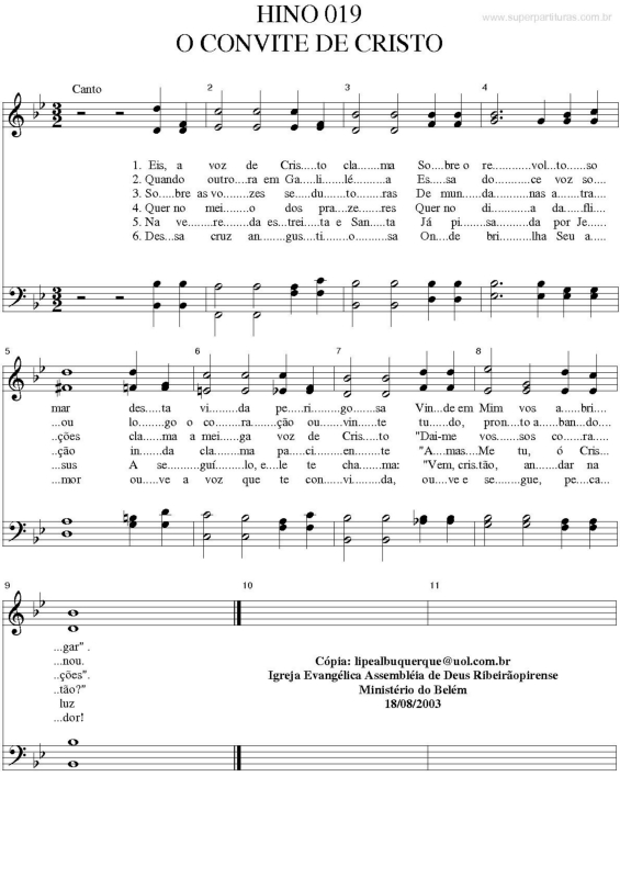 Partitura da música O Convite de Cristo