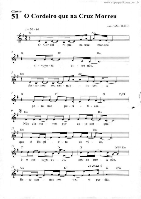Partitura da música O Cordeiro Que Na Cruz Morreu