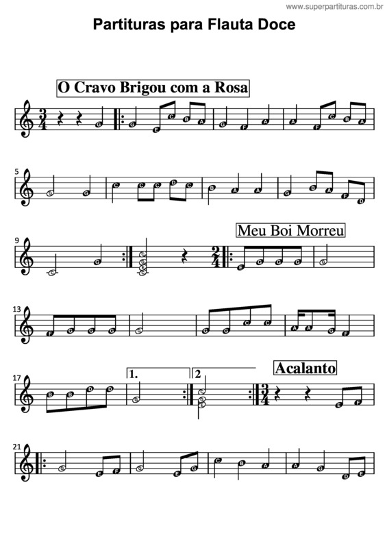 Partitura da música O Cravo Brigou Com A Rosa, Meu Boi Morreu, Acalanto