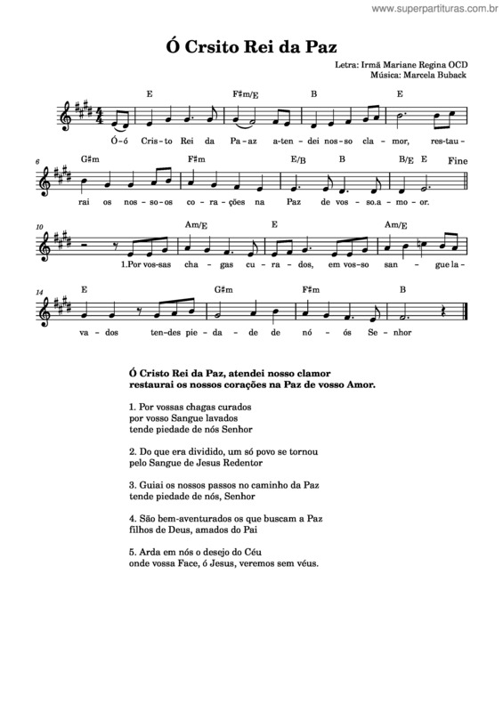 Partitura da música Ó Cristo Rei Da Paz – Irmã Mariane Regina Ocd