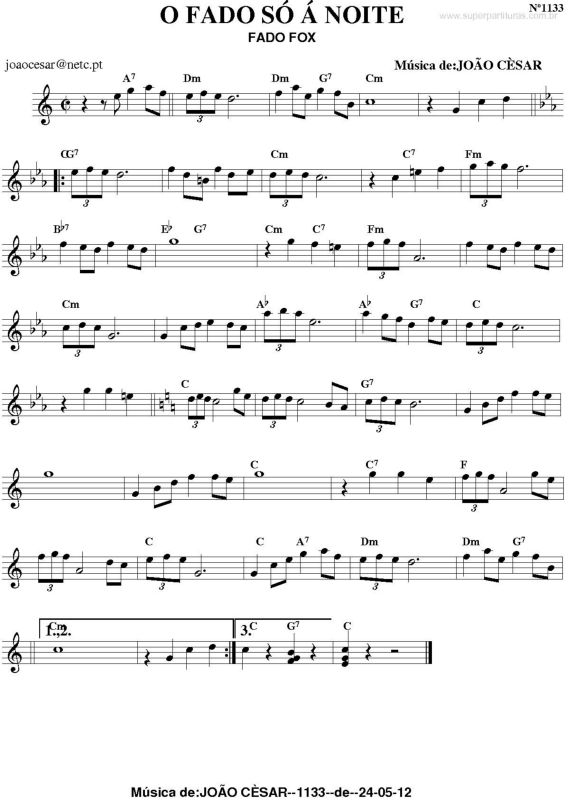 Partitura da música O Fado só á Noite