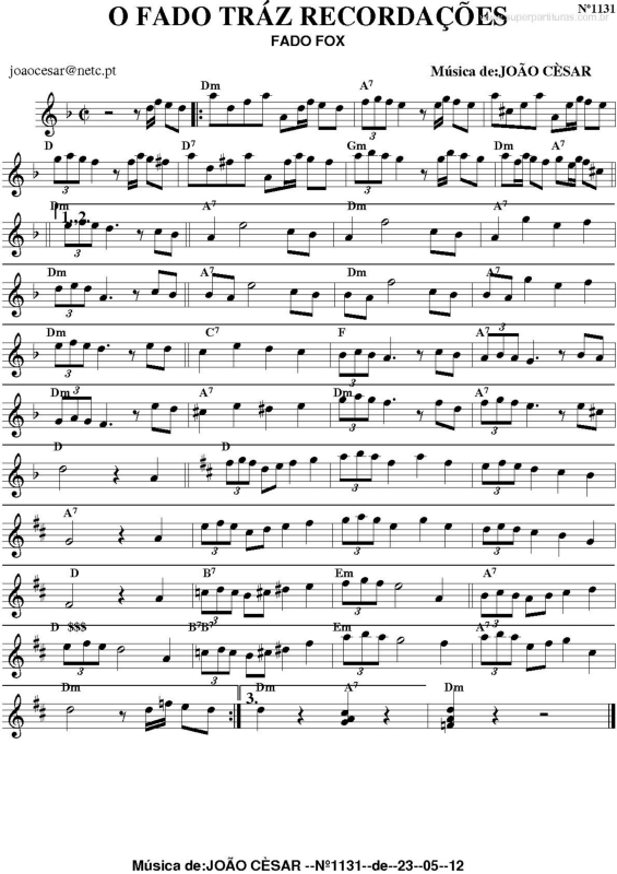 Partitura da música O Fado Tráz Recordações