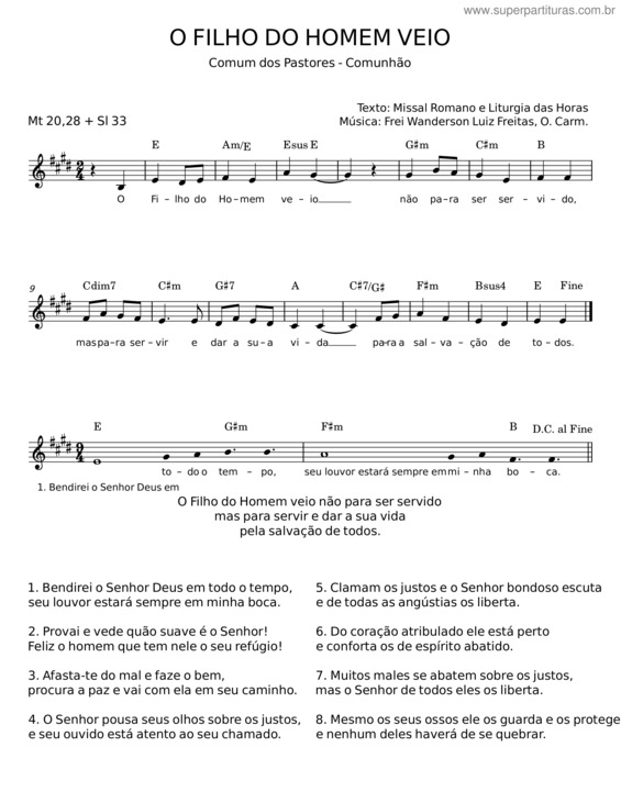 Partitura da música O Filho Do Homem Veio – Missal Romano