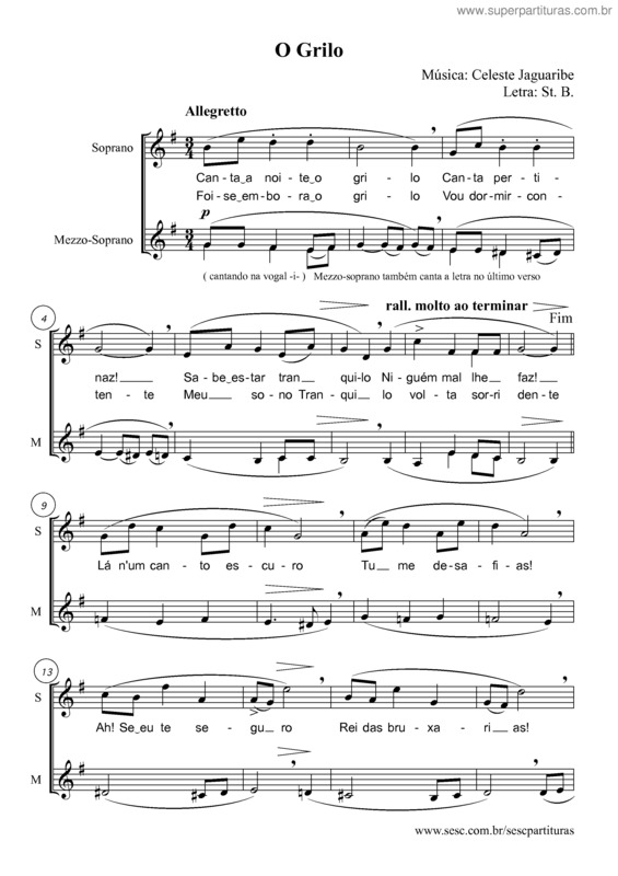 Partitura da música O grilo