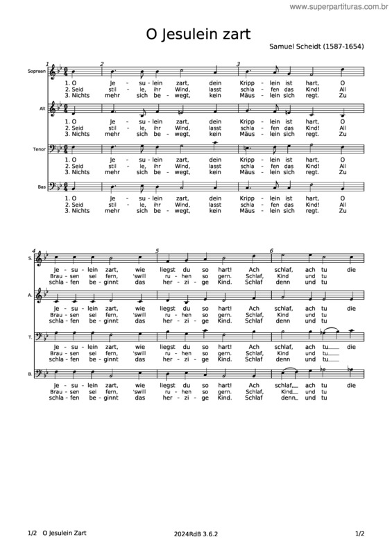 Partitura da música O Jesulein Zart,  Samuel Scheidt