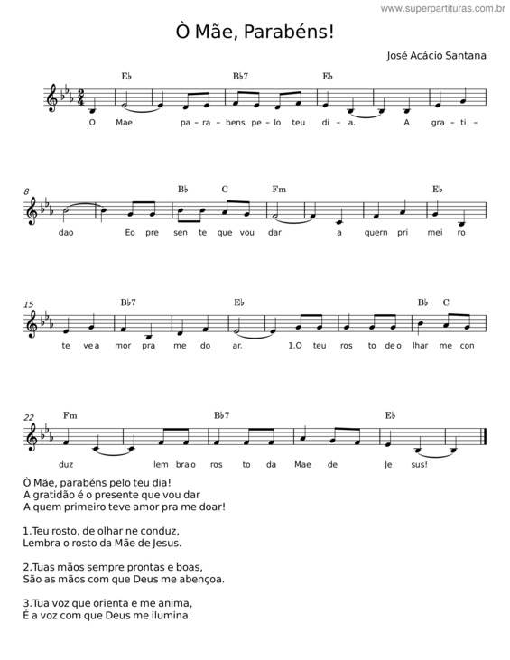 Partitura da música Ò Mãe, Parabéns