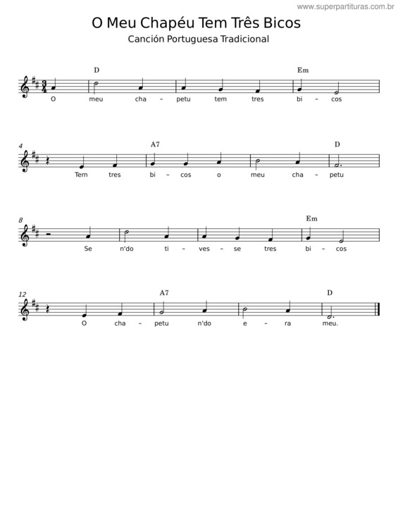 Partitura da música O Meu Chapéu Tem Três Bicos