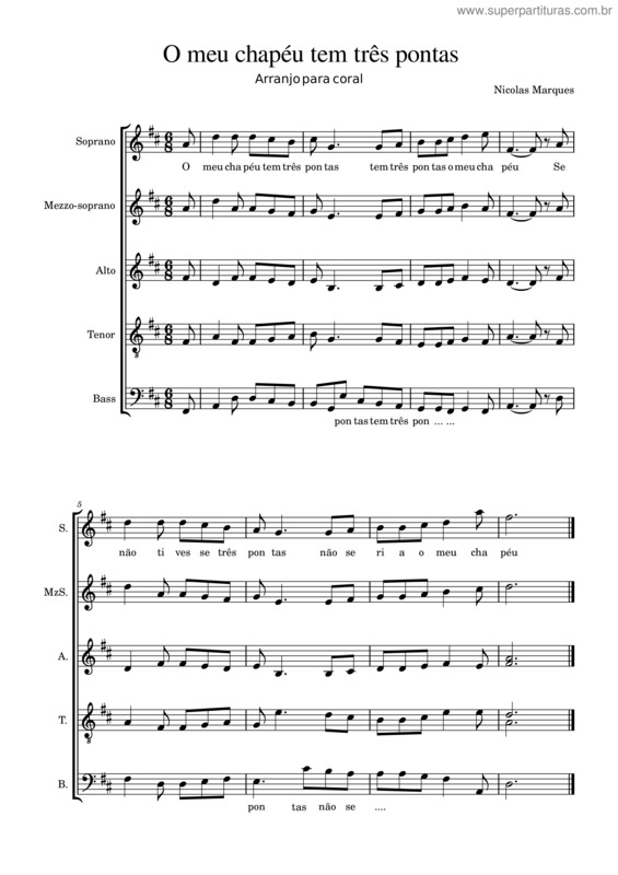 Partitura da música O Meu Chapéu Tem Três Pontas – Arranjo Coral