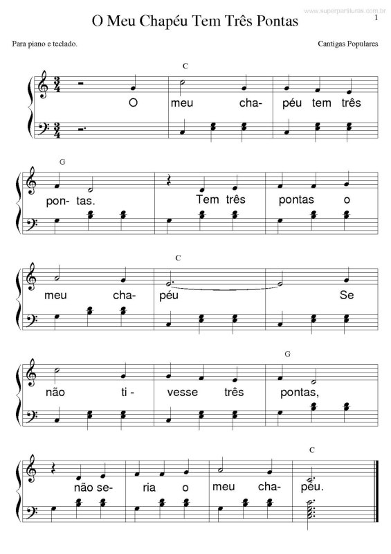 Partitura da música O Meu Chapéu Tem Três Pontas