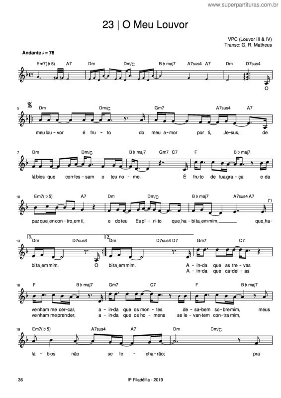 Partitura da música O Meu Louvor É Fruto – Vencedores Por Cristo