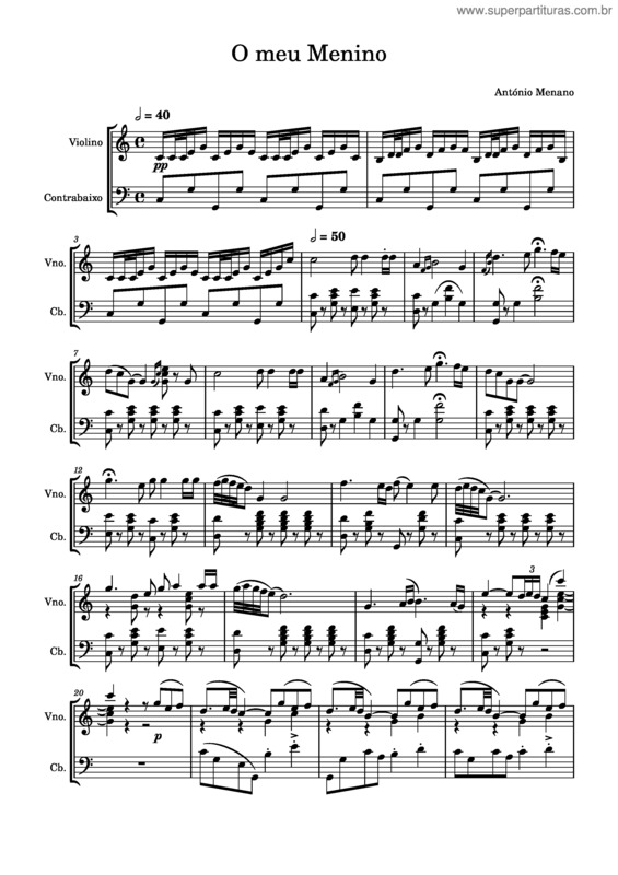 Partitura da música O Meu Menino – António Menano
