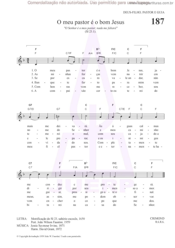 Partitura da música O Meu Pastor É O Bom Jesus - 187 HCC