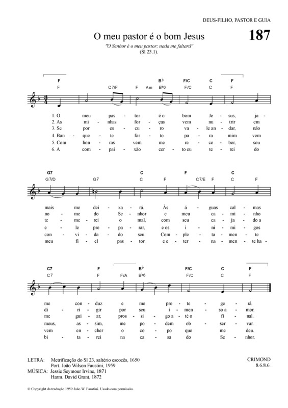 Partitura da música O Meu Pastor é O Bom Jesus