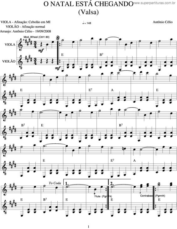 Partitura da música O Natal Está Chegando