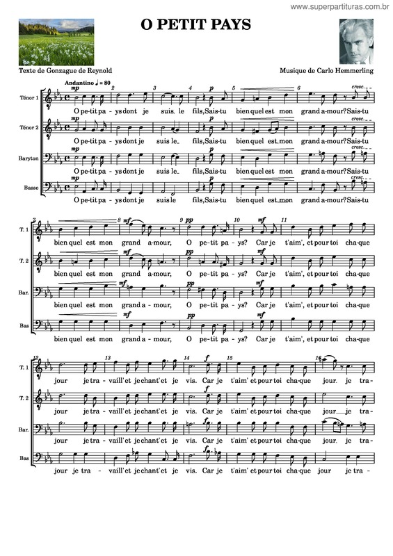 Partitura da música O Petit Pays – C. Hammerling  Ttbb Musescore